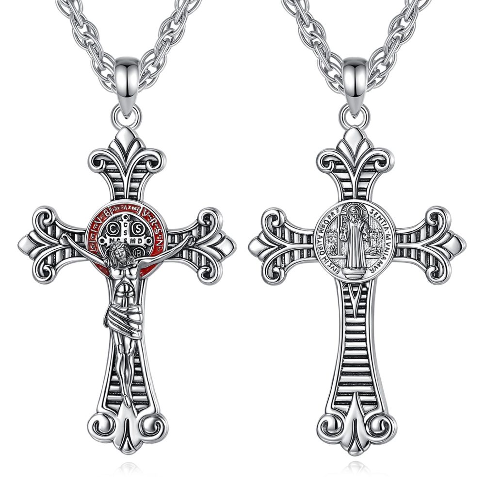 Silver Plated Vintage Crucifix Cross Pendant with Saint Benedict Medal