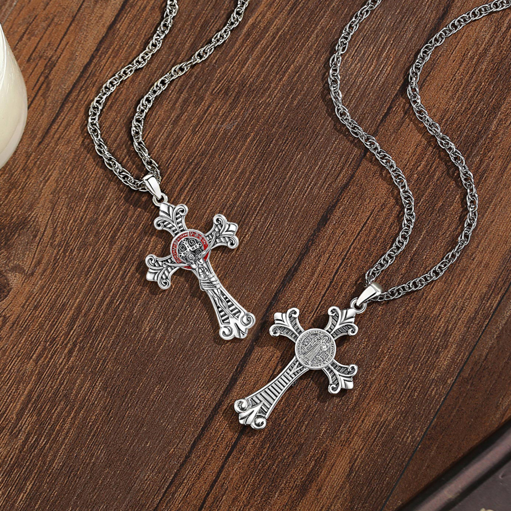 Silver Plated Vintage Crucifix Cross Pendant with Saint Benedict Medal