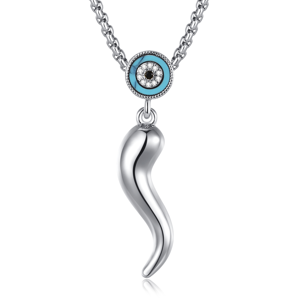Rhodium Plated Italian Horn Cornicello Evil Eye Pendant