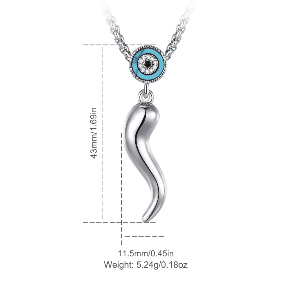 Rhodium Plated Italian Horn Cornicello Evil Eye Pendant