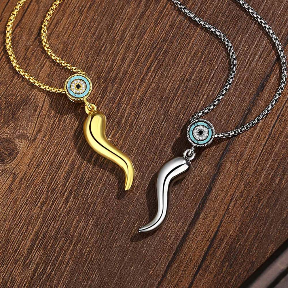 Rhodium Plated Italian Horn Cornicello Evil Eye Pendant