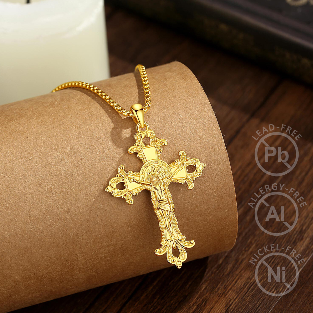 18K Gold Plated Crucifix Cross Pendant with Saint Benedict Medal