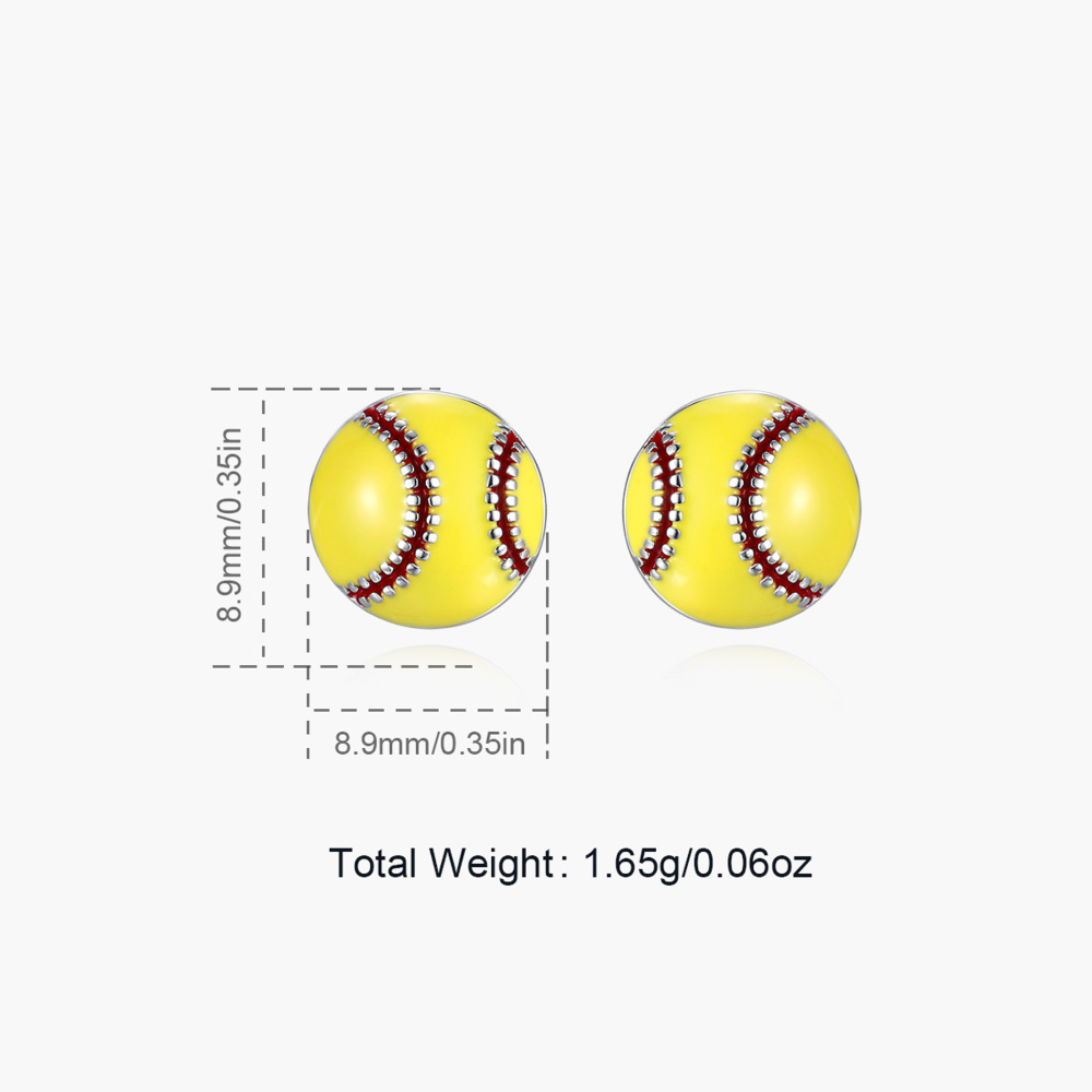 925 Sterling Silver Yellow Enamel Softball Stud Earrings