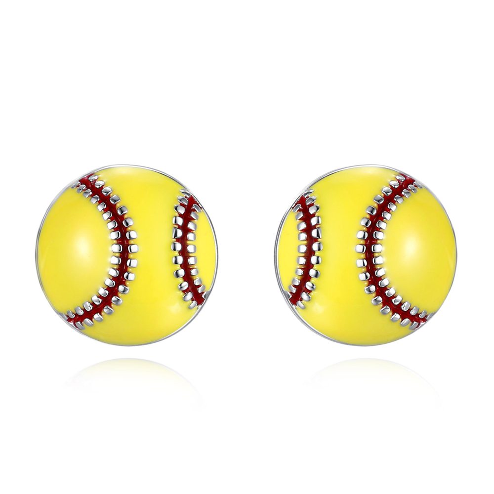 925 Sterling Silver Yellow Enamel Softball Stud Earrings