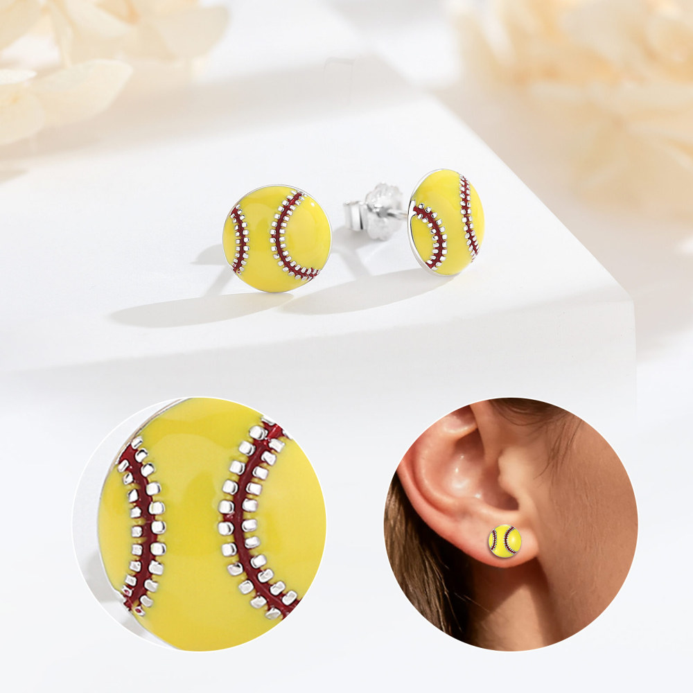 925 Sterling Silver Yellow Enamel Softball Stud Earrings
