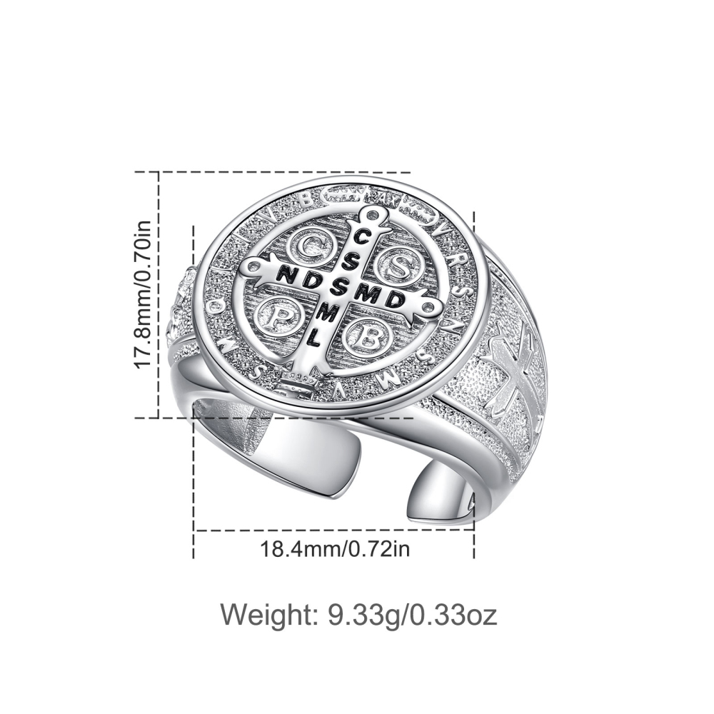 925 Sterling Silver Men's Saint Benedict Adjustable Signet Ring