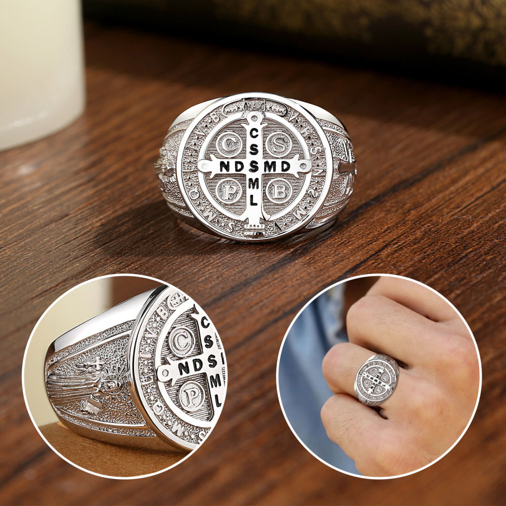 925 Sterling Silver Men's Saint Benedict Adjustable Signet Ring