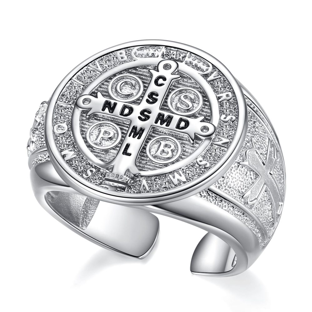 925 Sterling Silver Men's Saint Benedict Adjustable Signet Ring
