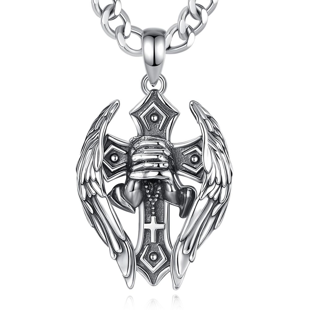 Praying Hands Angel Wings Cross Pendant Necklace