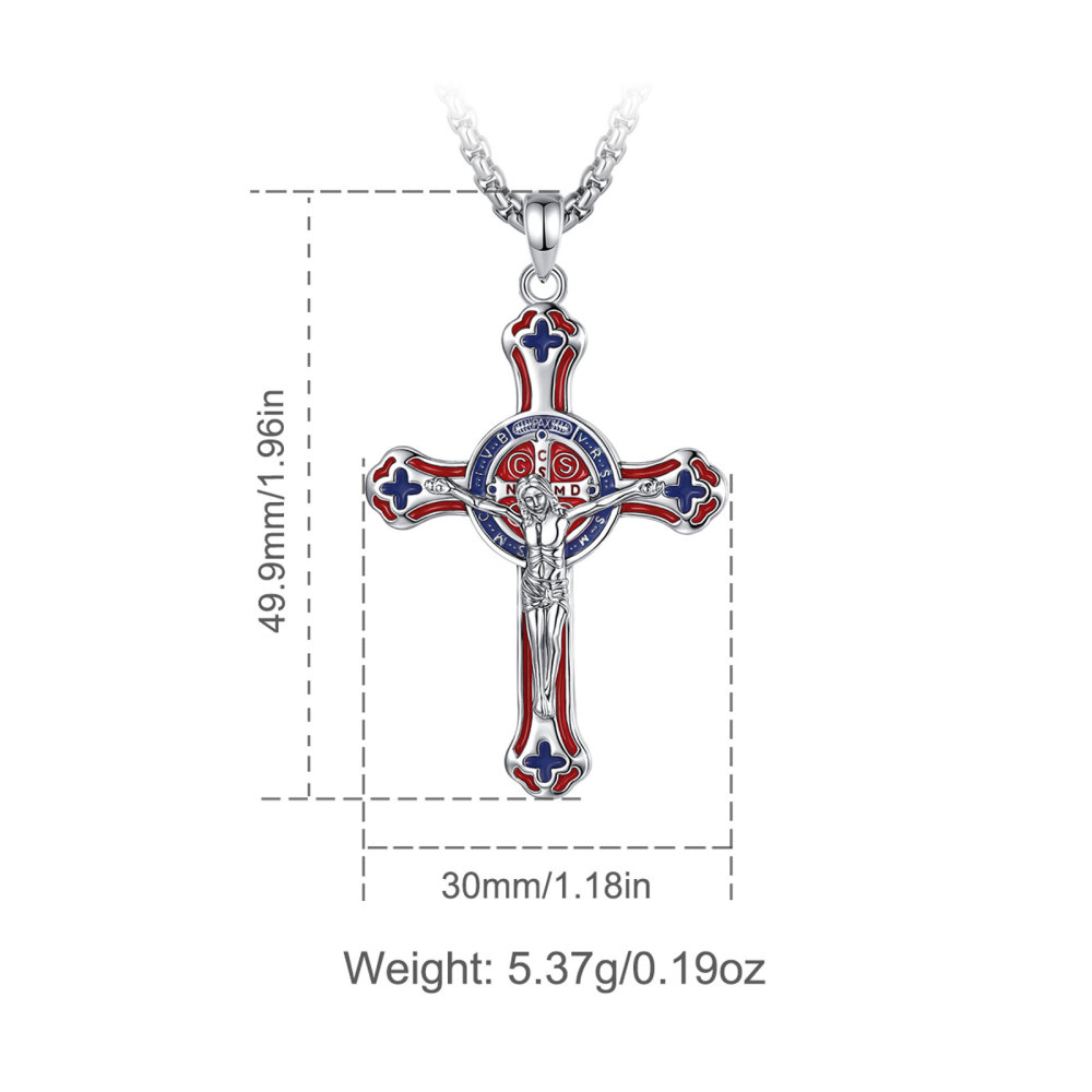 Saint Benedict Cross Red Blue Enamel Pendant Necklace