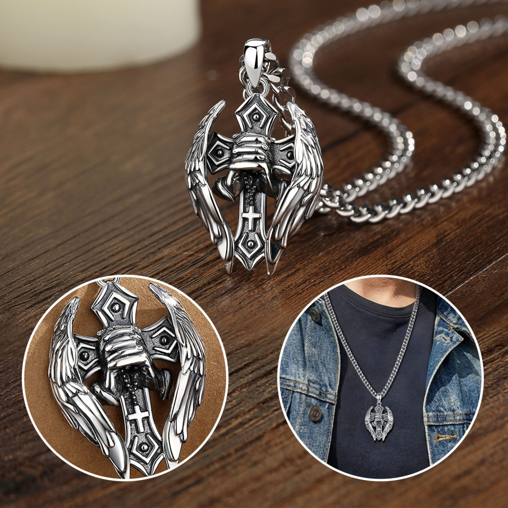 Praying Hands Angel Wings Cross Pendant Necklace