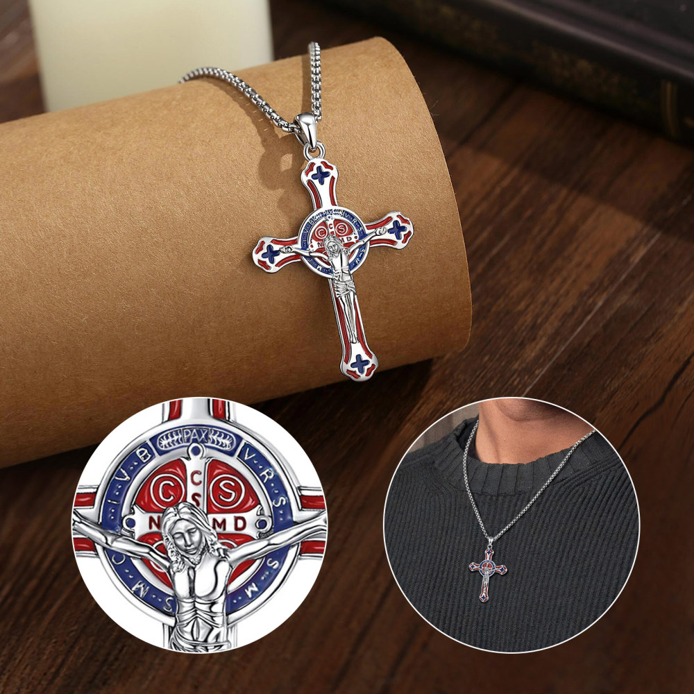 Saint Benedict Cross Red Blue Enamel Pendant Necklace