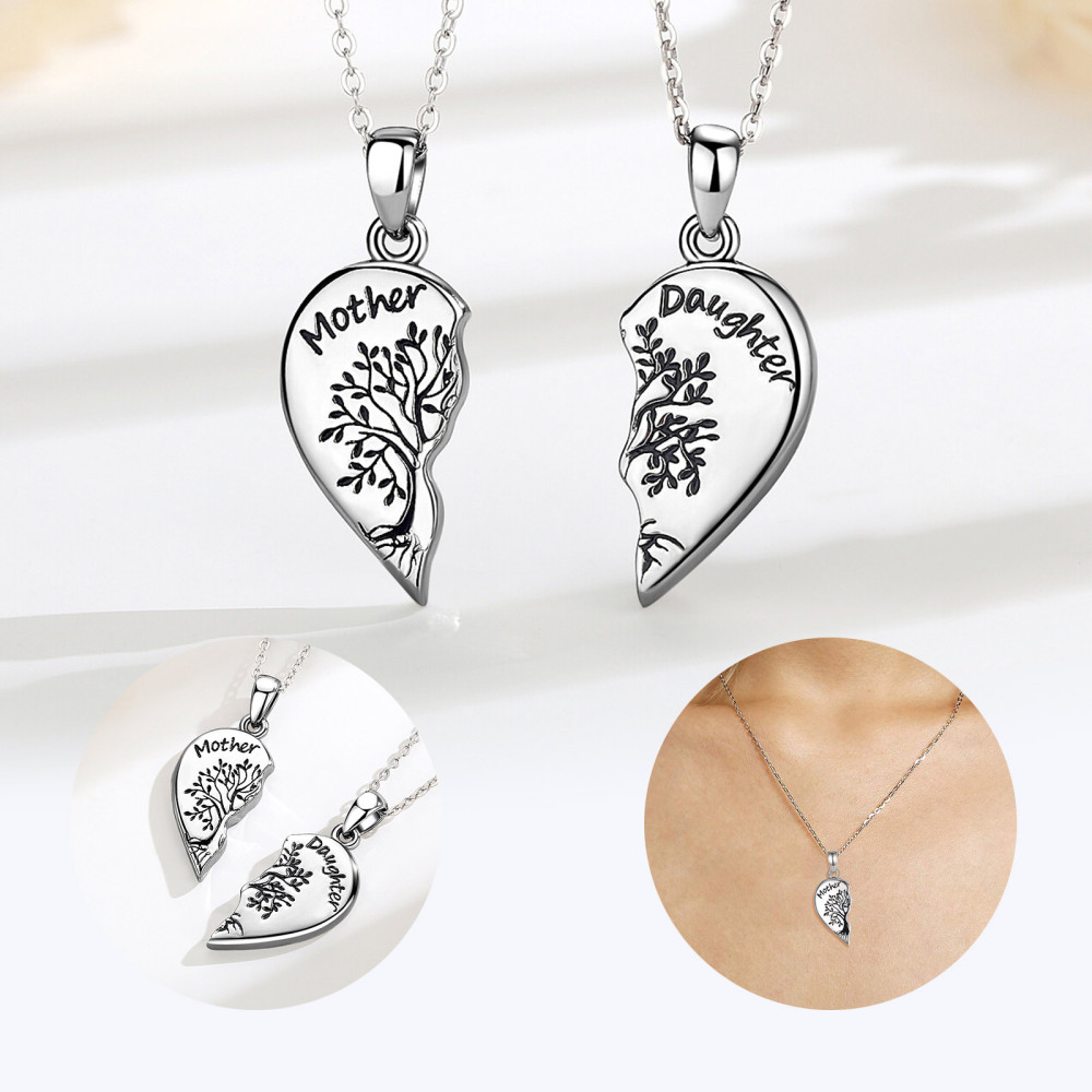 Mother Daughter Family Tree Puzzle Heart Necklace Set