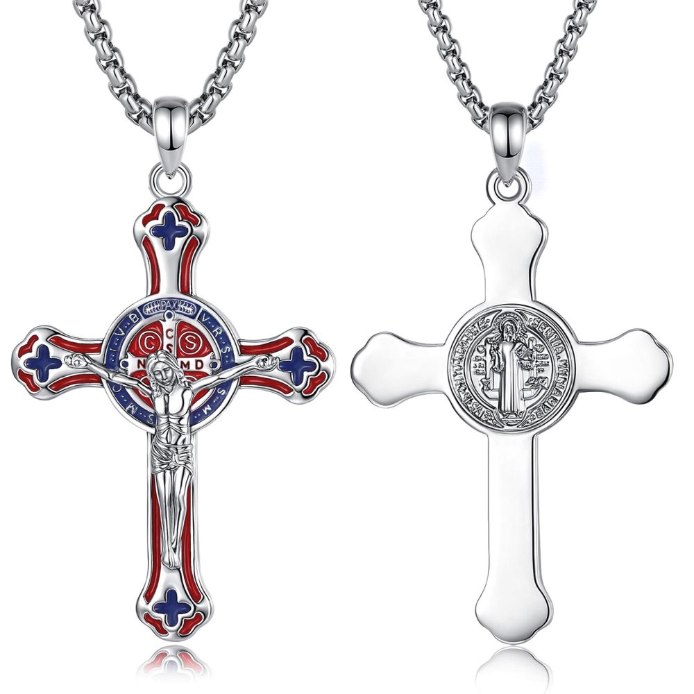 Saint Benedict Cross Red Blue Enamel Pendant Necklace