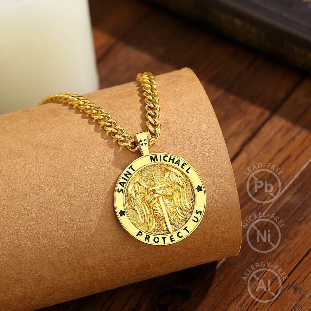 18K Gold Plated Saint Michael Protect Us Double-Sided Pendant