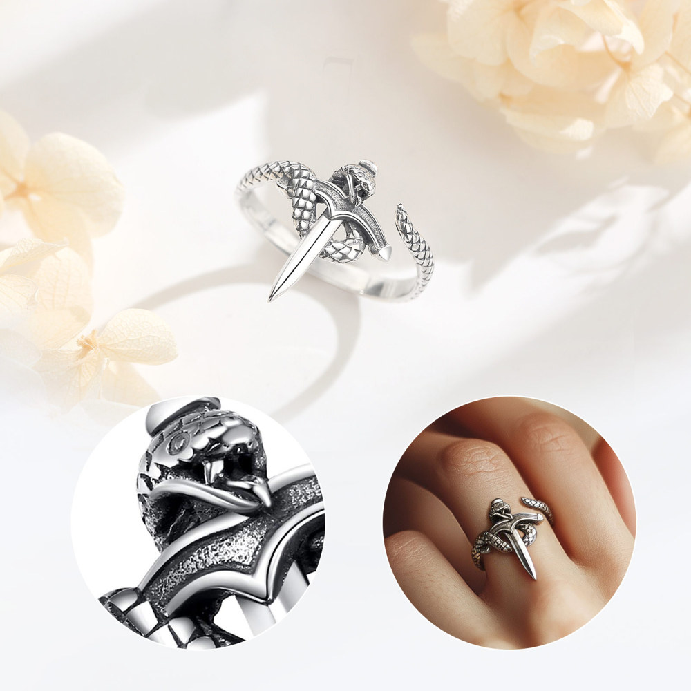 925 Sterling Silver Snake Sword Adjustable Ring