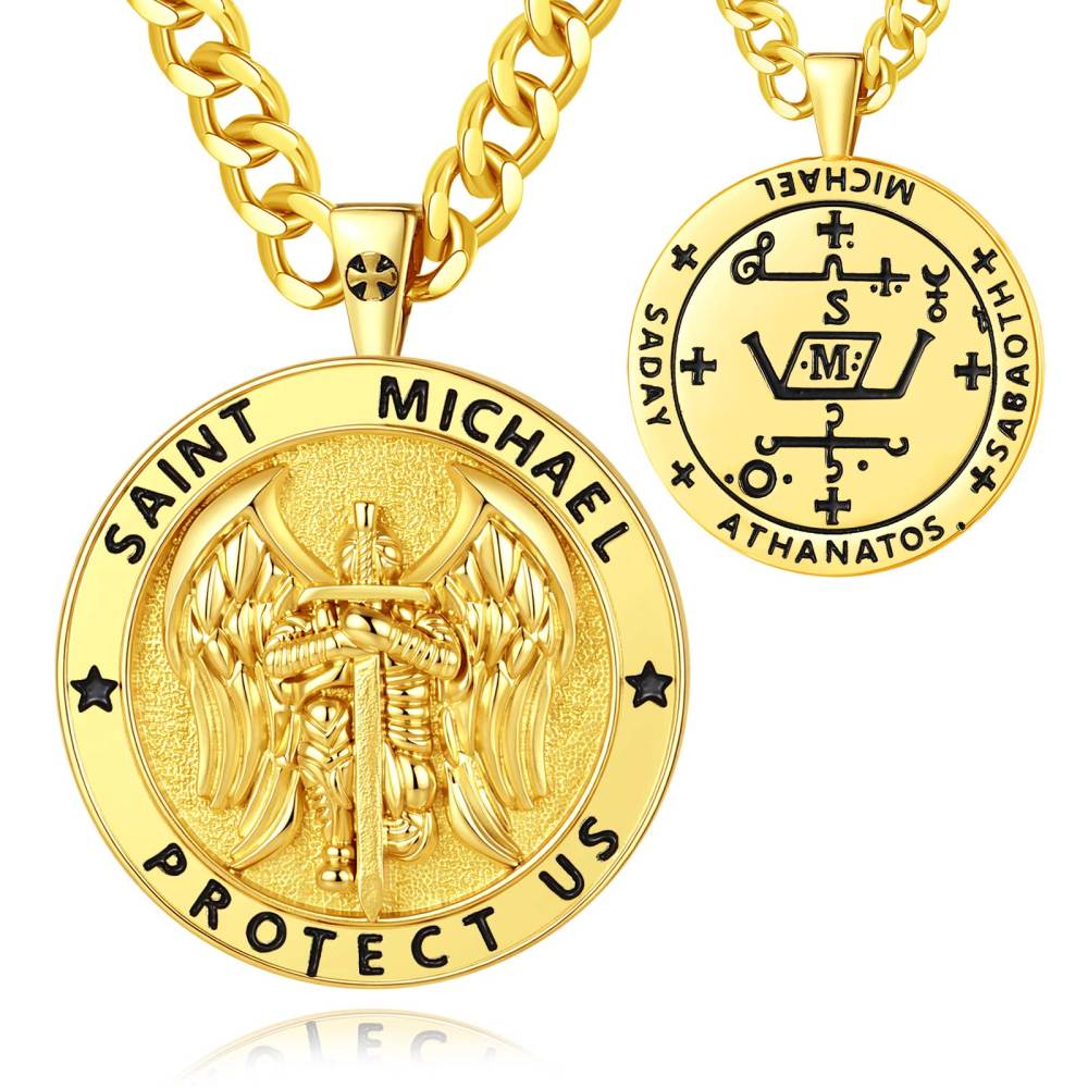18K Gold Plated Saint Michael Protect Us Double-Sided Pendant
