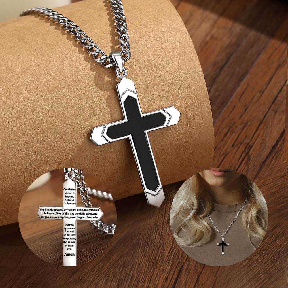 Black Onyx Lord's Prayer Double-Sided Cross Pendant