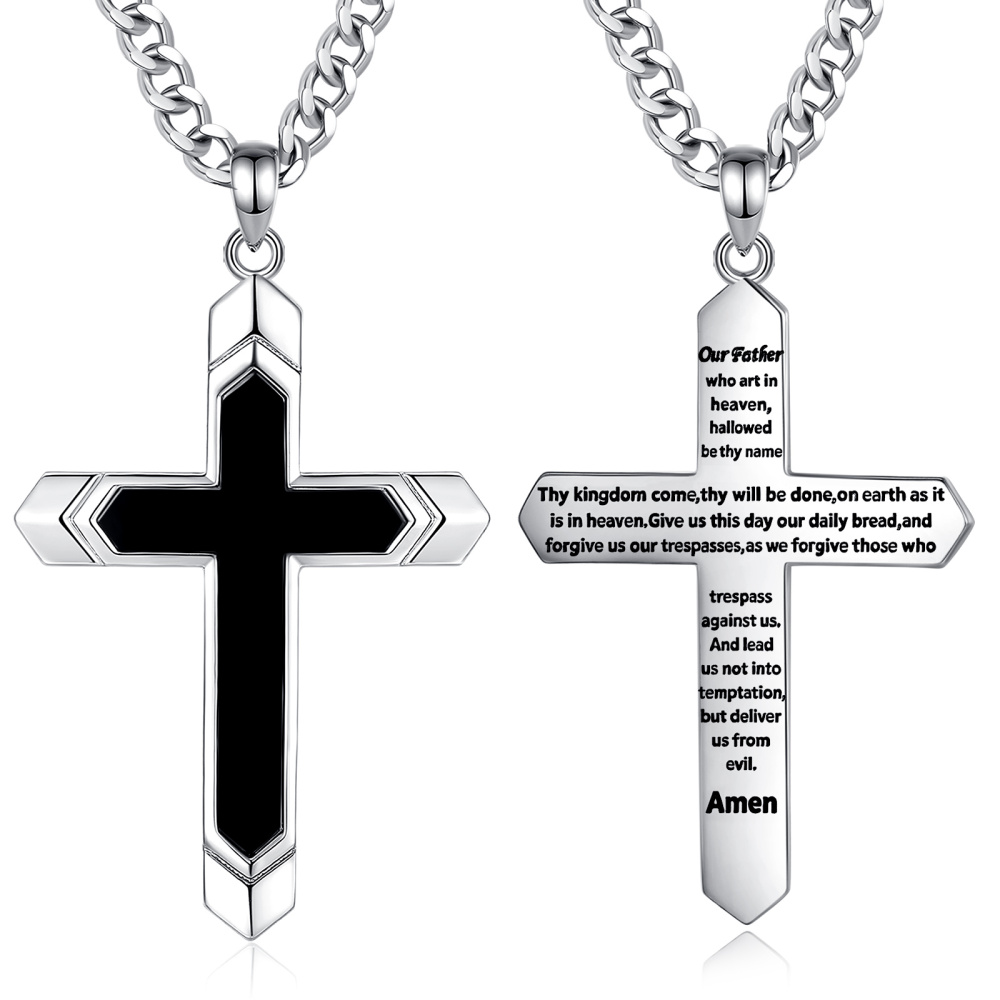 Black Onyx Lord's Prayer Double-Sided Cross Pendant