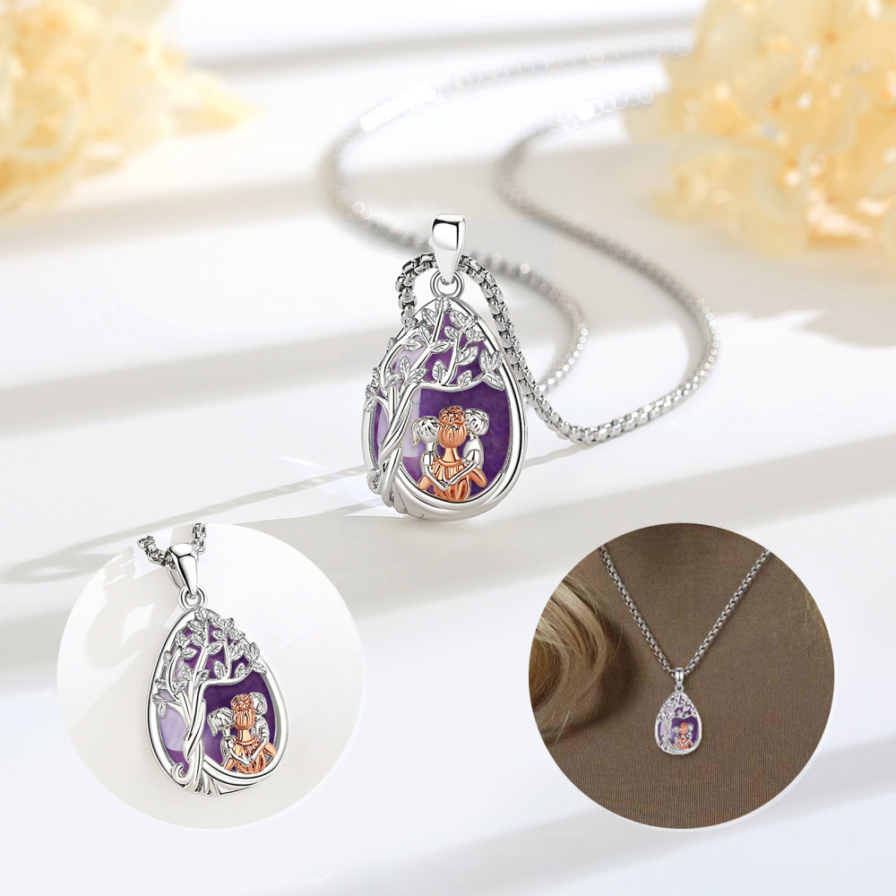 Mother Daughter Son Teardrop Amethyst Pendant