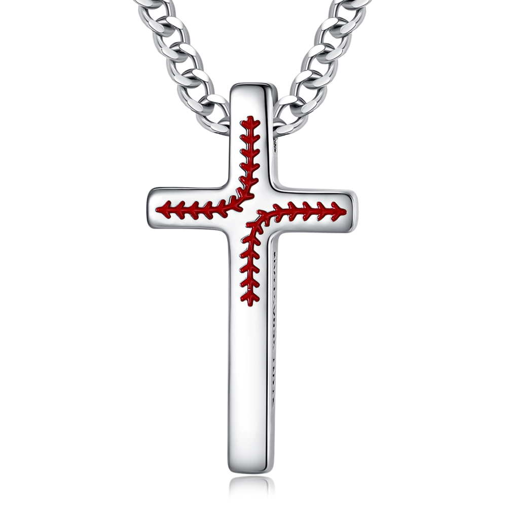Rhodium-Plated Sports Faith Baseball Stitch Cross Pendant