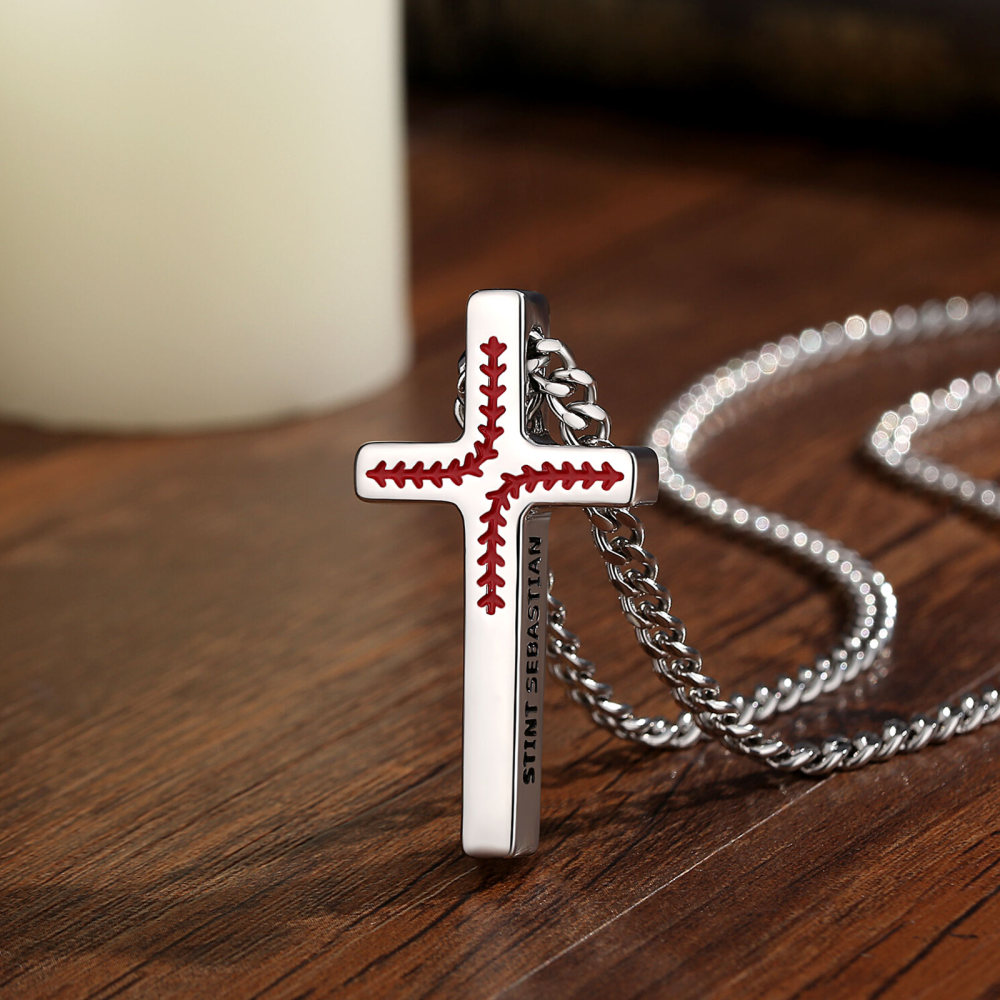 Rhodium-Plated Sports Faith Baseball Stitch Cross Pendant