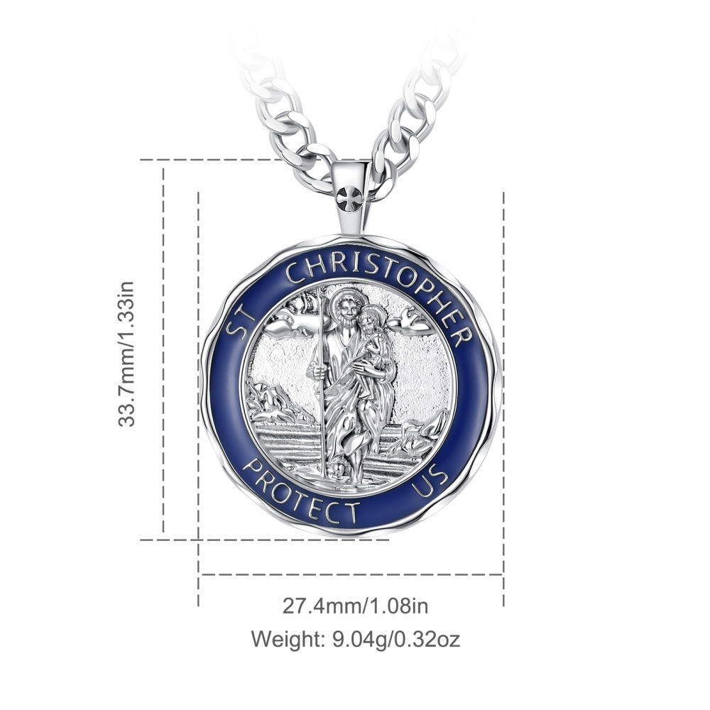 Rhodium-Plated Scalloped Edge St. Christopher Round Pendant