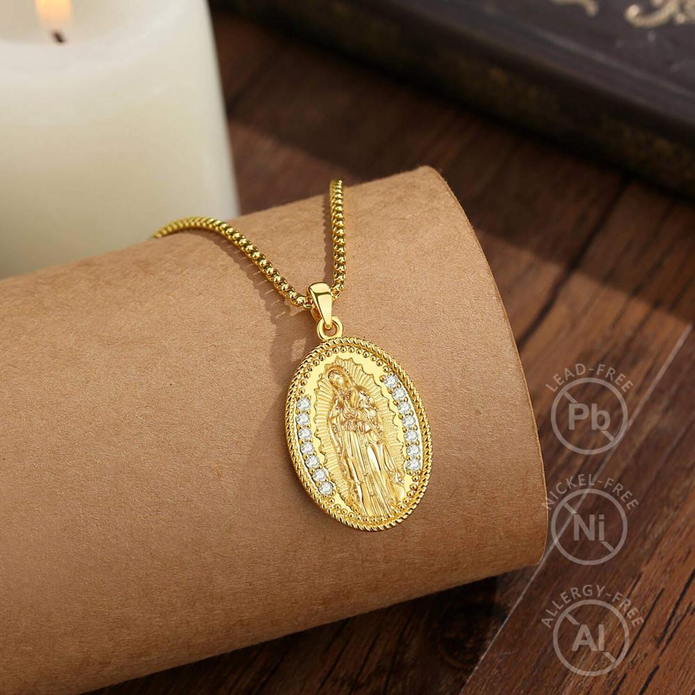 18K Gold-Plated Double-Sided Oval Our Lady of Guadalupe Pendant