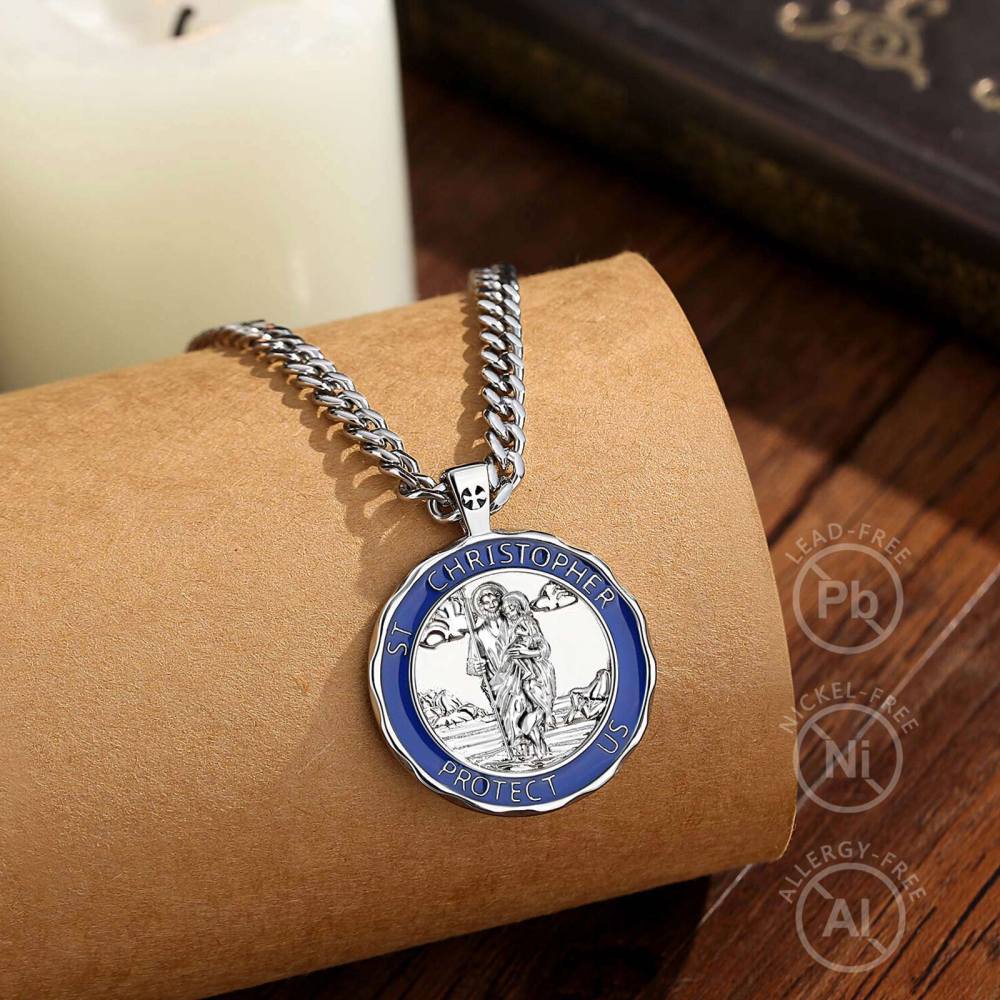 Rhodium-Plated Scalloped Edge St. Christopher Round Pendant