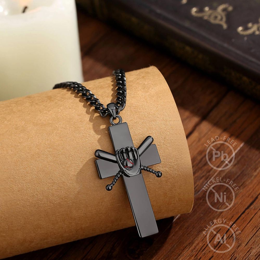 Black Gunmetal 1:9 Scripture Baseball Cross Pendant