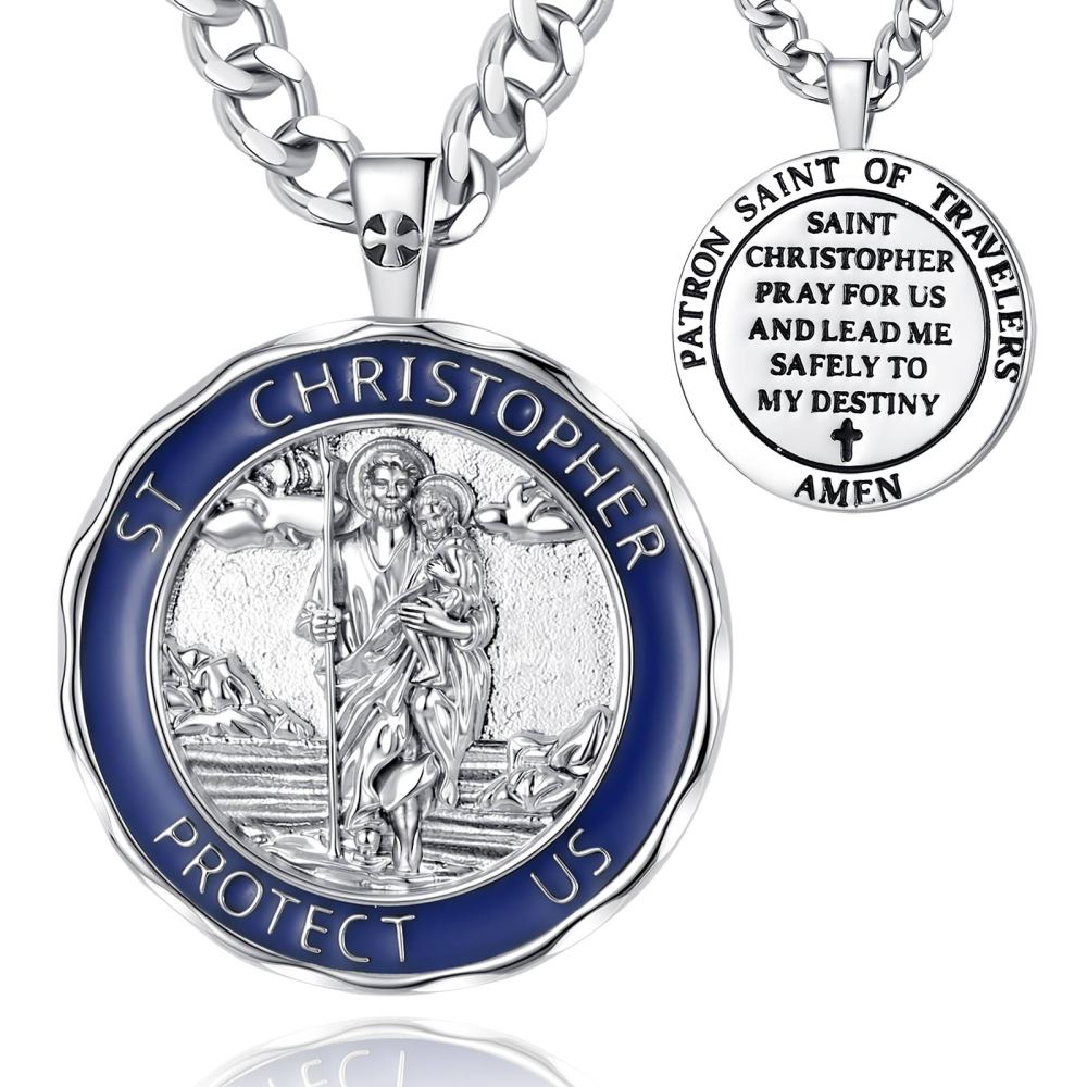 Rhodium-Plated Scalloped Edge St. Christopher Round Pendant