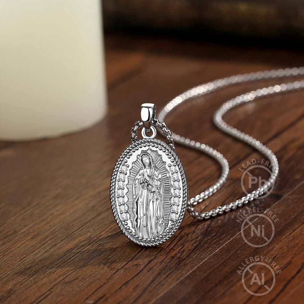 Religious Jewelry Rhodium Plated Oval Virgin Mary Pendant