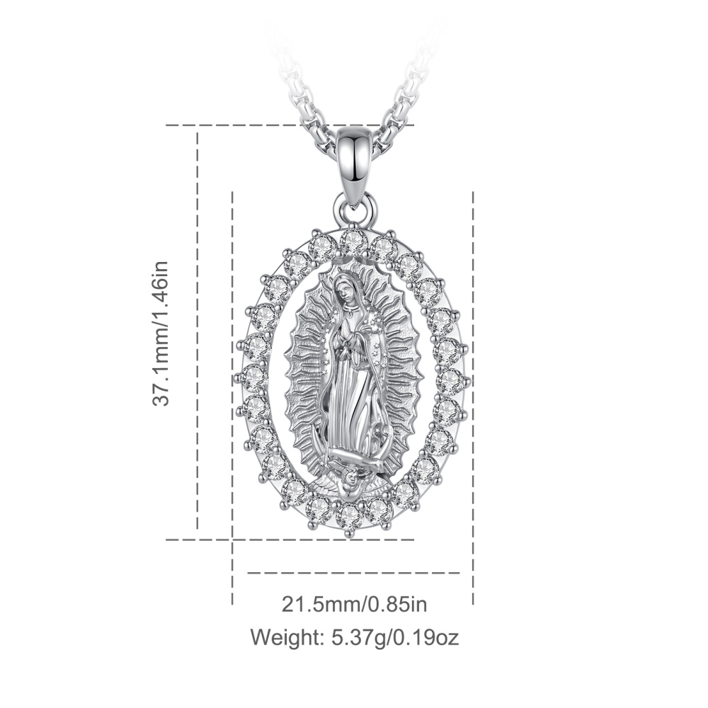 Rhodium-Plated Round Pave CZ Halo Virgin Mary Pendant