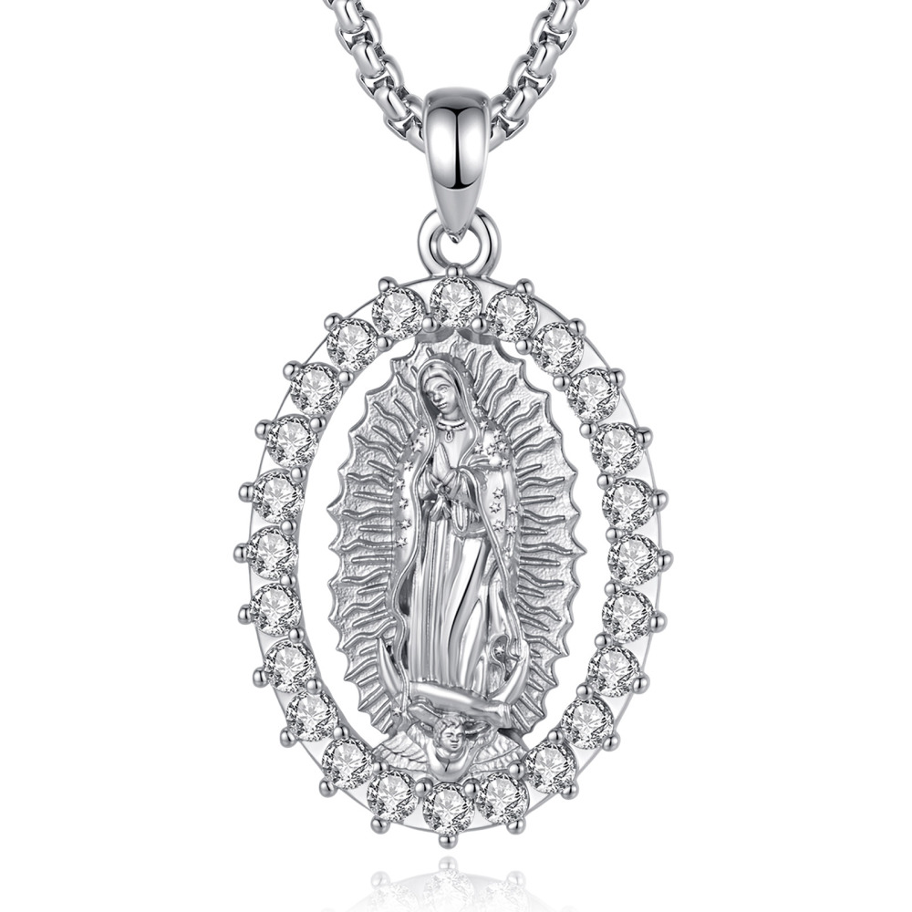 Rhodium-Plated Round Pave CZ Halo Virgin Mary Pendant