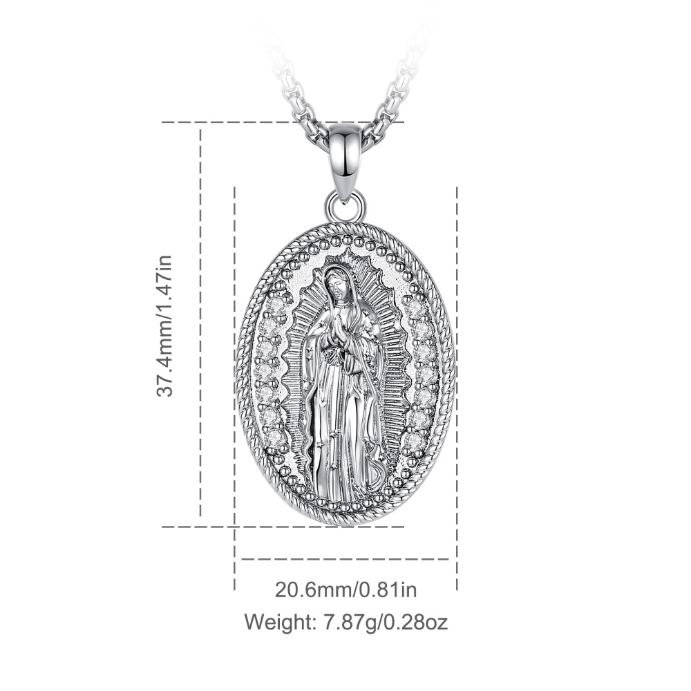 Religious Jewelry Rhodium Plated Oval Virgin Mary Pendant