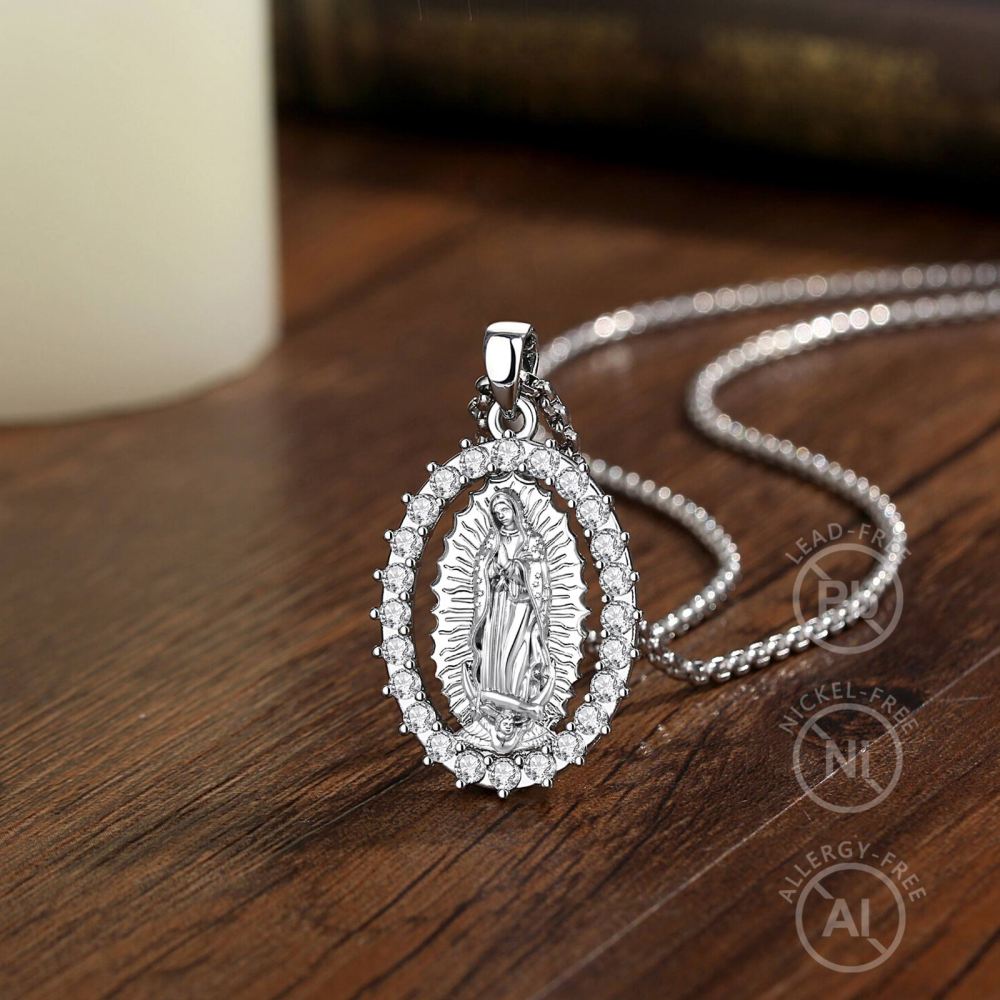 Rhodium-Plated Round Pave CZ Halo Virgin Mary Pendant