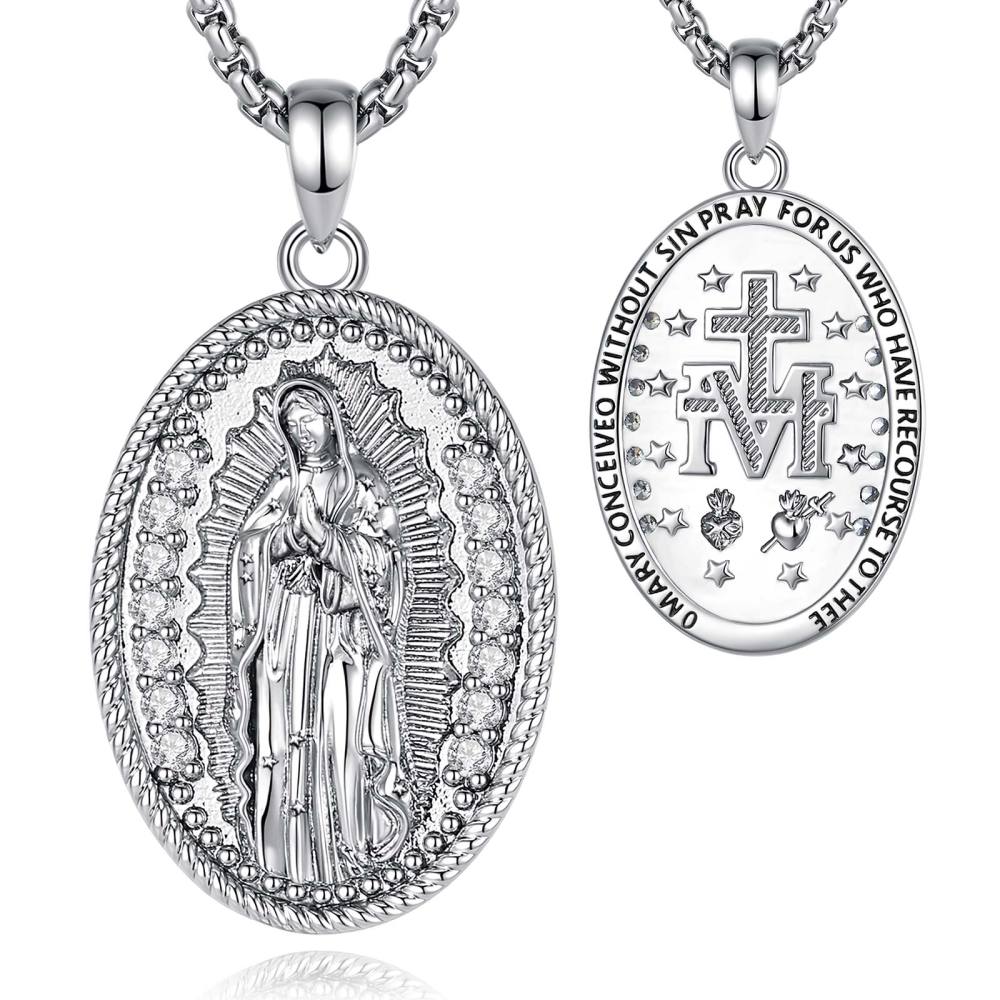 Religious Jewelry Rhodium Plated Oval Virgin Mary Pendant