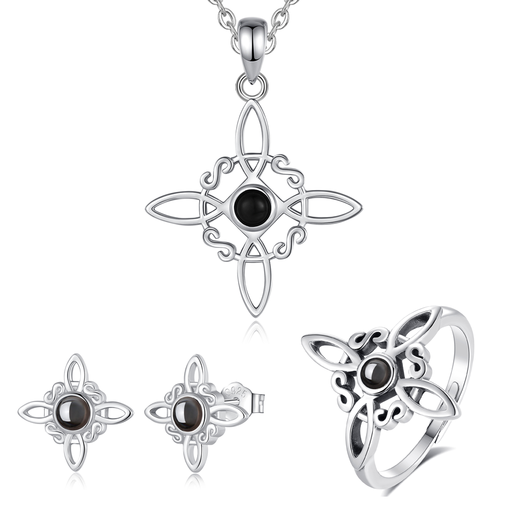 925 Sterling Silver Witches Knot Jewelry Set with Obsidian