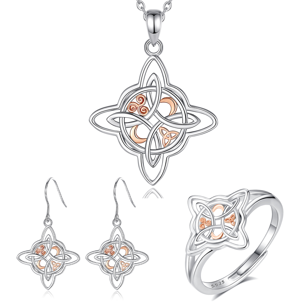 925 Sterling Silver Triple Moon Triskele Wicca Knot Jewelry Set
