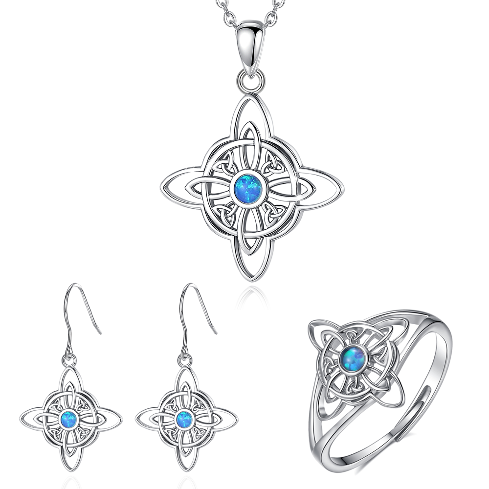 925 Sterling Silver Witches Knot Jewelry Set with Opal