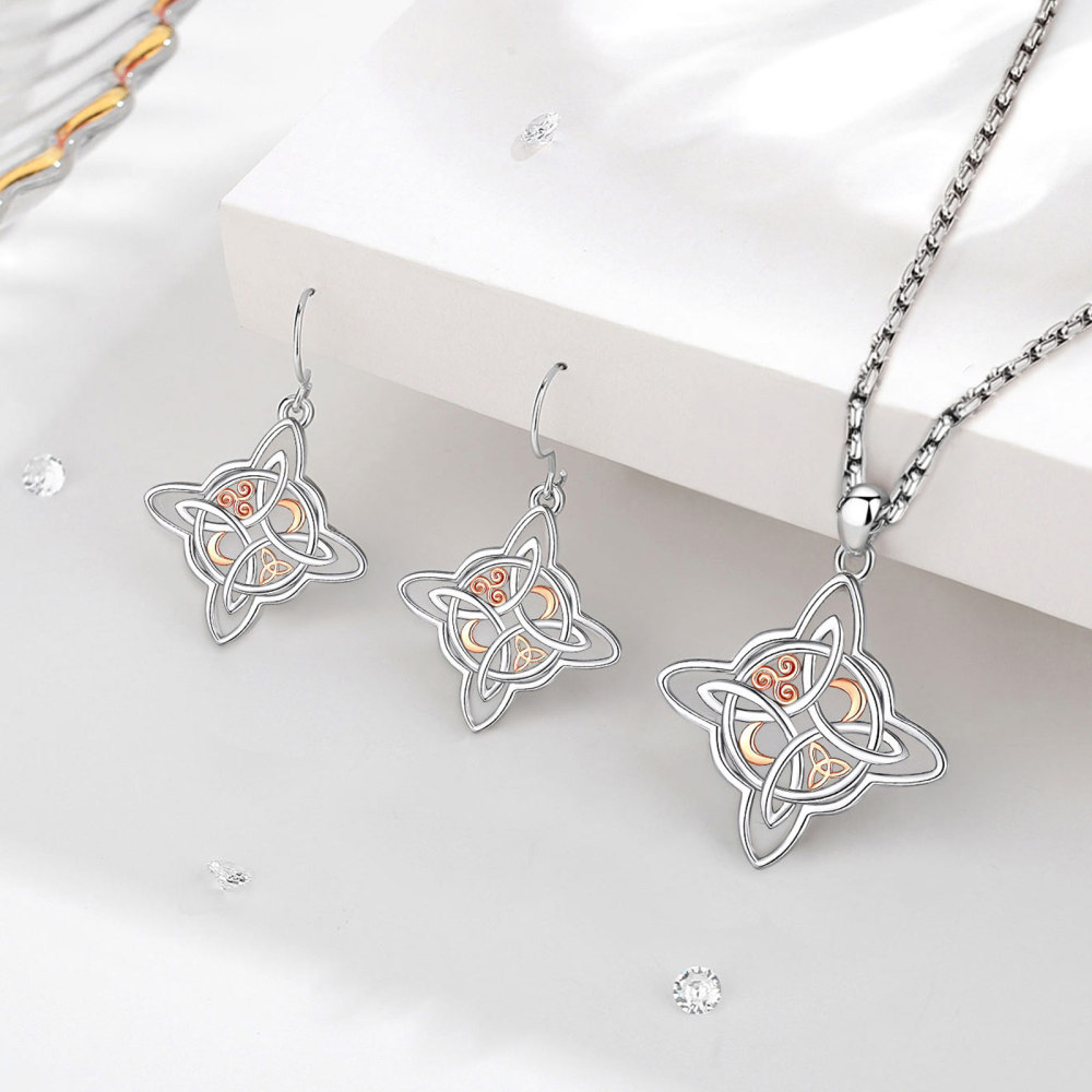 925 Sterling Silver Triple Moon Triskele Wicca Knot Jewelry Set