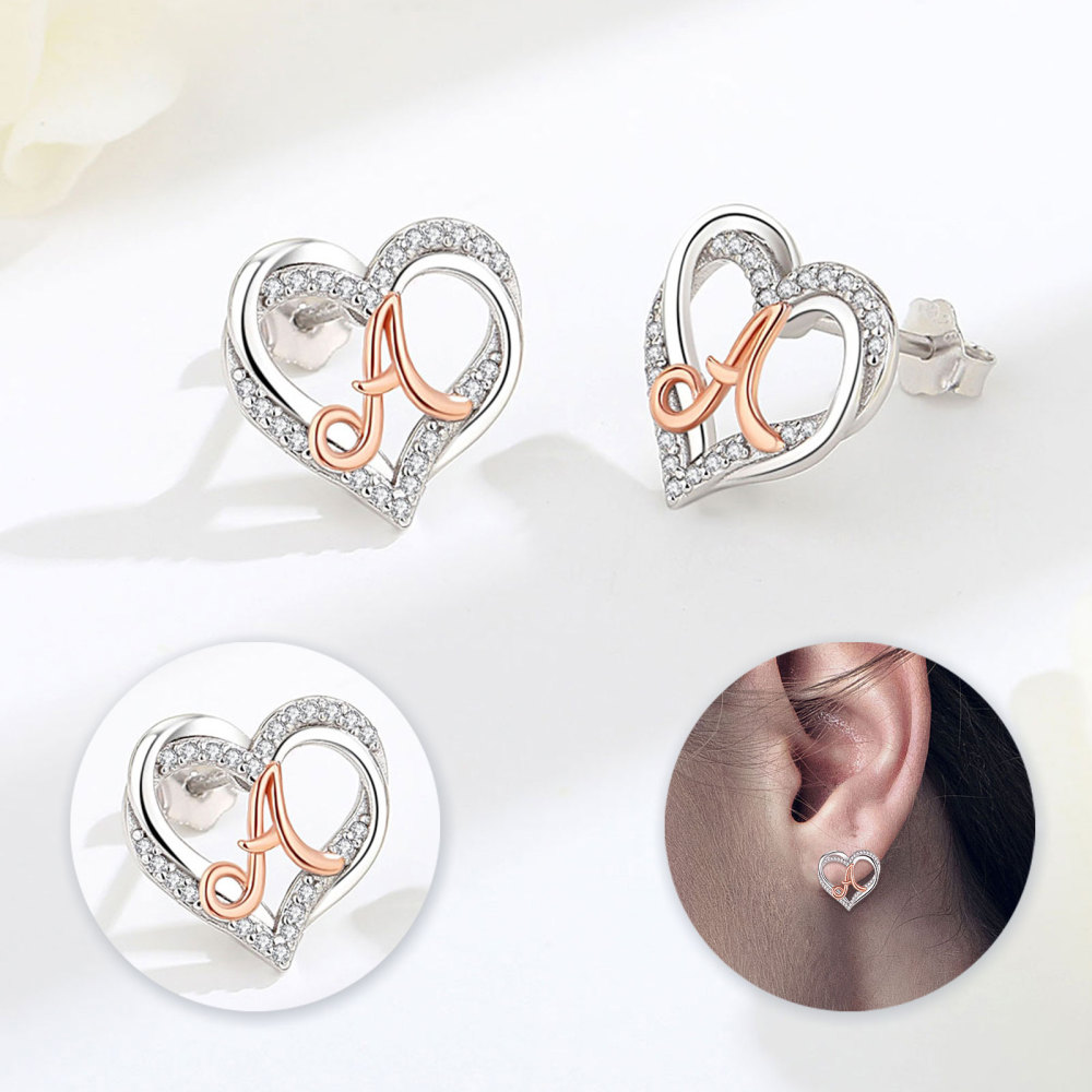 925 Sterling Silver Heart-Shaped Initial Letter Stud Earrings