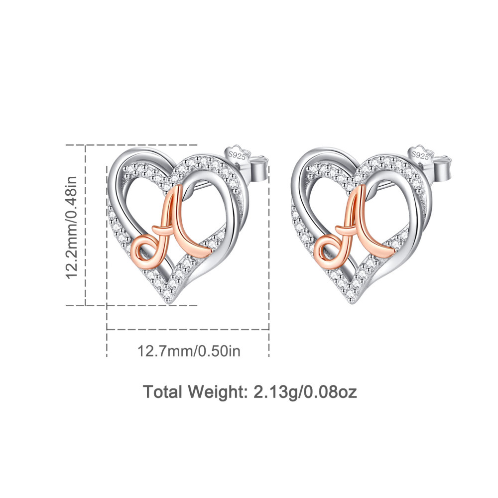 925 Sterling Silver Heart-Shaped Initial Letter Stud Earrings