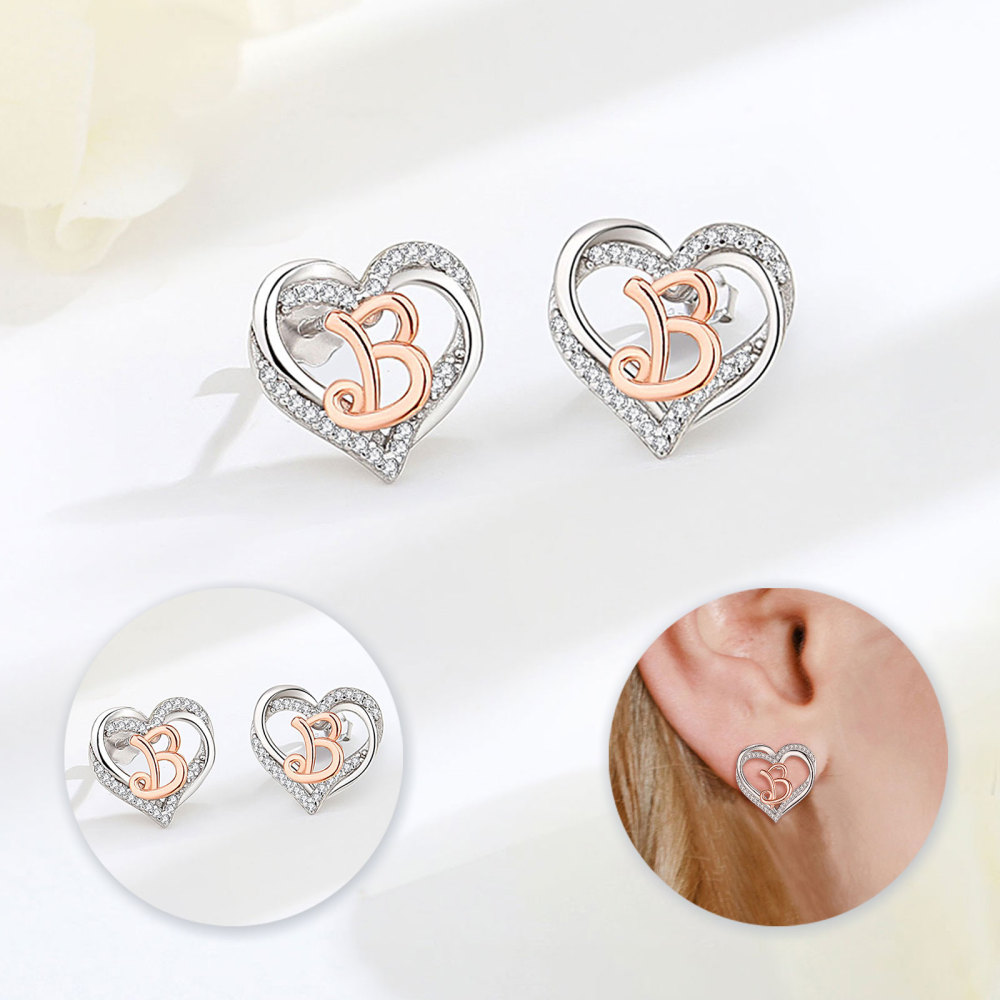 925 Sterling Silver Heart Initial B Stud Earrings