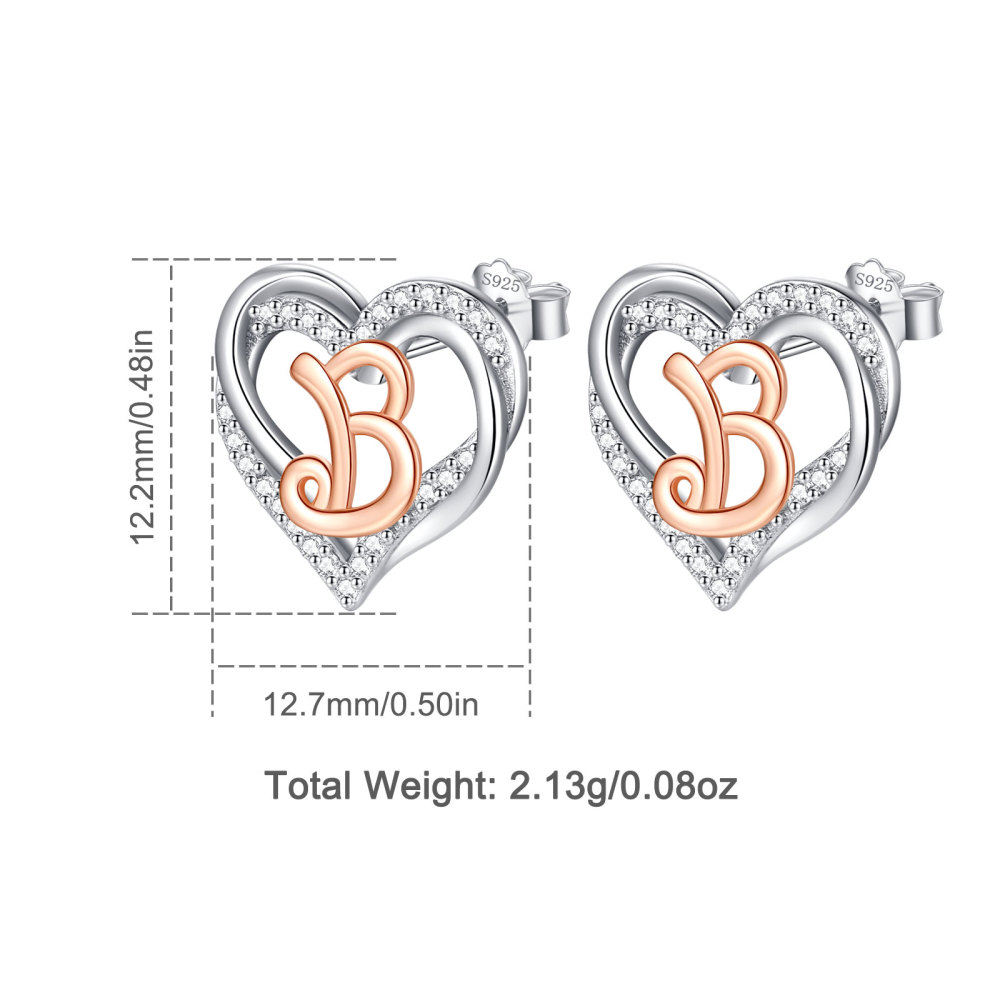 925 Sterling Silver Heart Initial B Stud Earrings