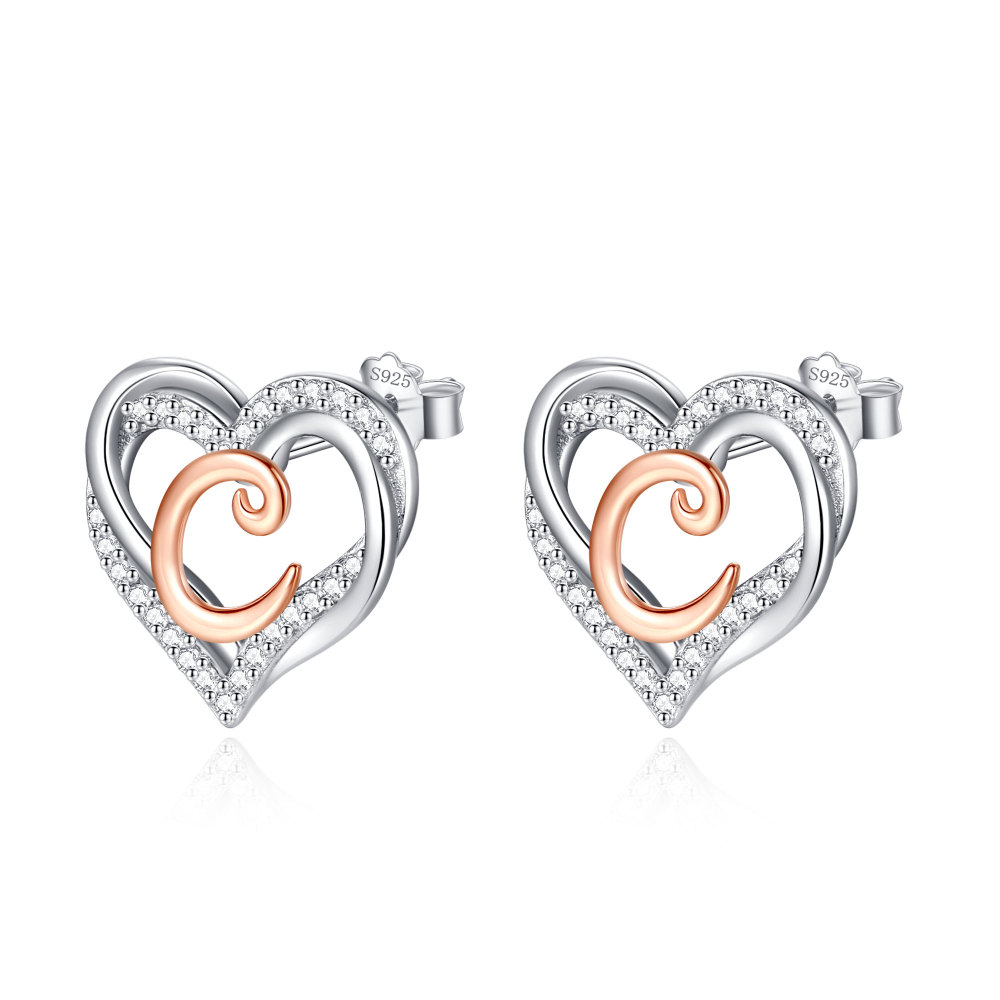 925 Sterling Silver Heart Initial C Stud Earrings