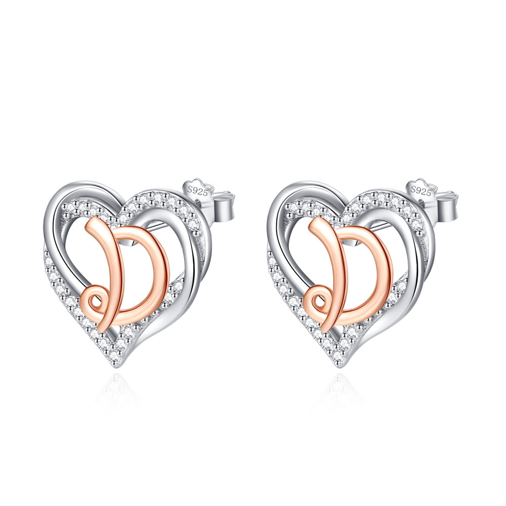 925 Sterling Silver Heart Initial D Stud Earrings