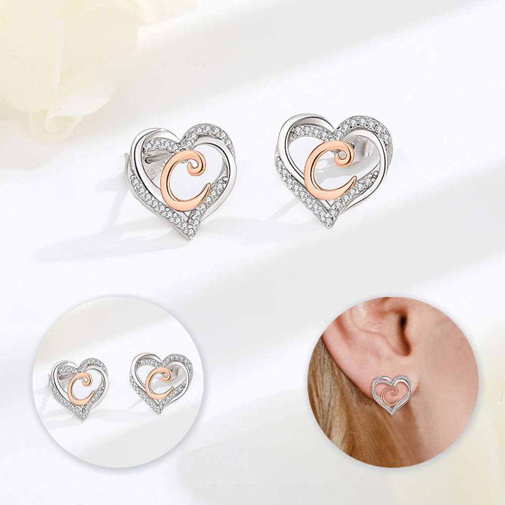 925 Sterling Silver Heart Initial C Stud Earrings