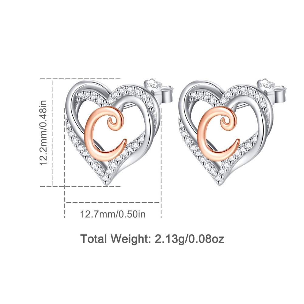 925 Sterling Silver Heart Initial C Stud Earrings