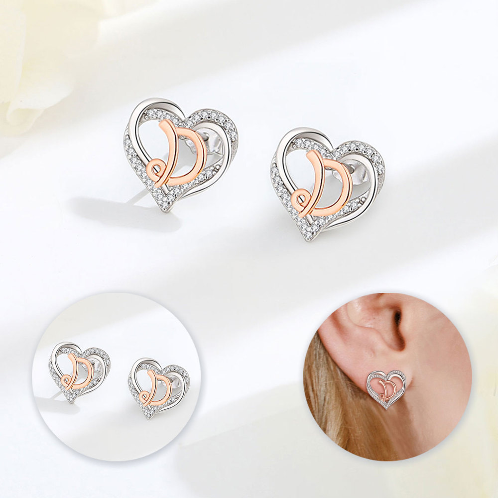 925 Sterling Silver Heart Initial D Stud Earrings